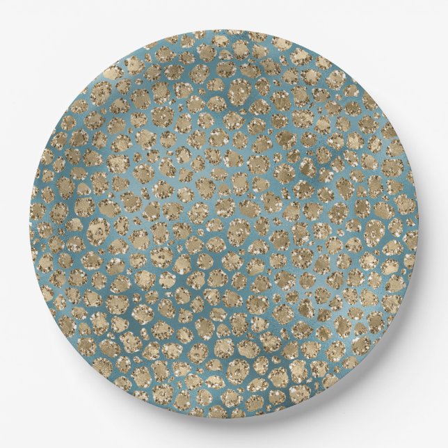 Gold Teal Blue Green Glitzy Leopard Print  Paper Plate (Front)