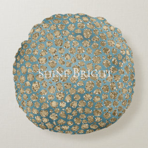 Gold Teal Blue Green Glitzy Leopard Print      Round Cushion
