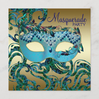 Gold Teal Blue Masquerade Party Invitations