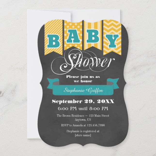 Gold Teal Chalkboard Flag Baby Shower Invite (Front)
