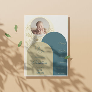 Gold teal christening Baptism Invitation