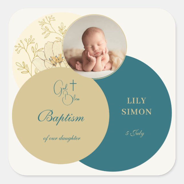 Gold teal christening Baptism Square Sticker (Front)