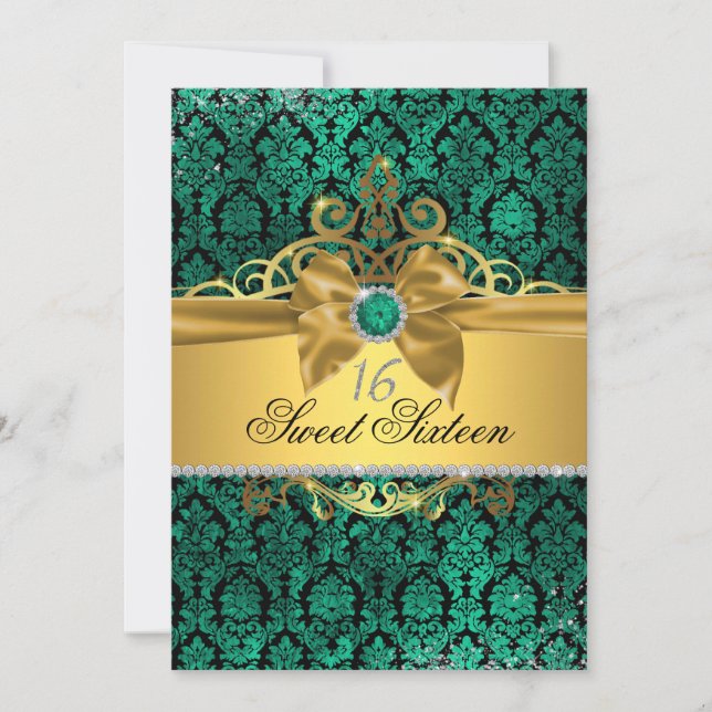 Gold Teal Damask Sweet Sixteen Invite (Front)