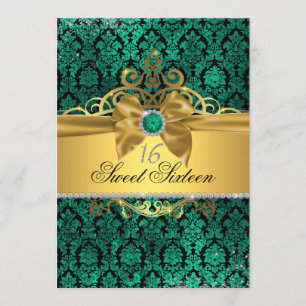 Gold Teal Damask Sweet Sixteen Invite