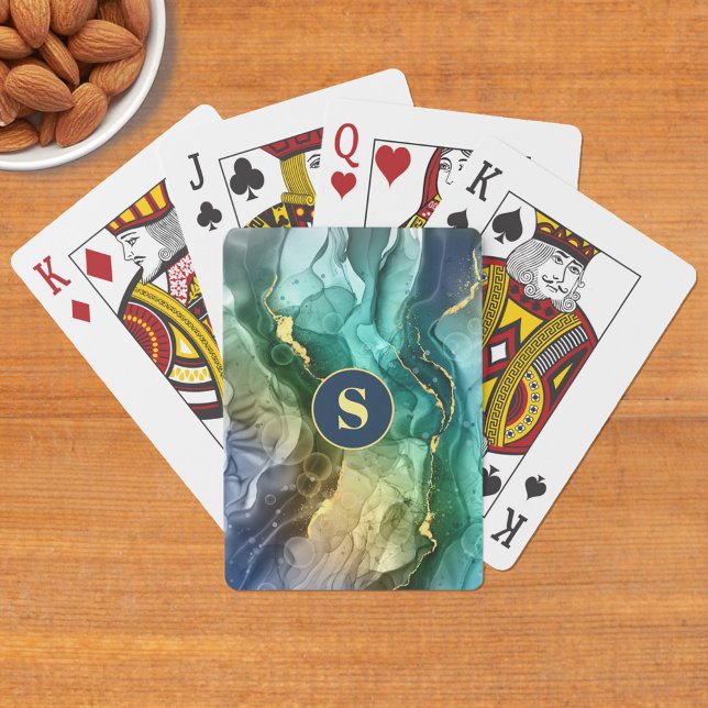 Gold, Teal & Dark Grey Liquid Ink, DIY Monogram Playing Cards (Creator Uploaded)