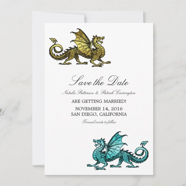 Gold Teal Dragon Save the Date Invite (Front)