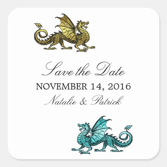 Gold Teal Dragon Save the Date Stickers (Front)