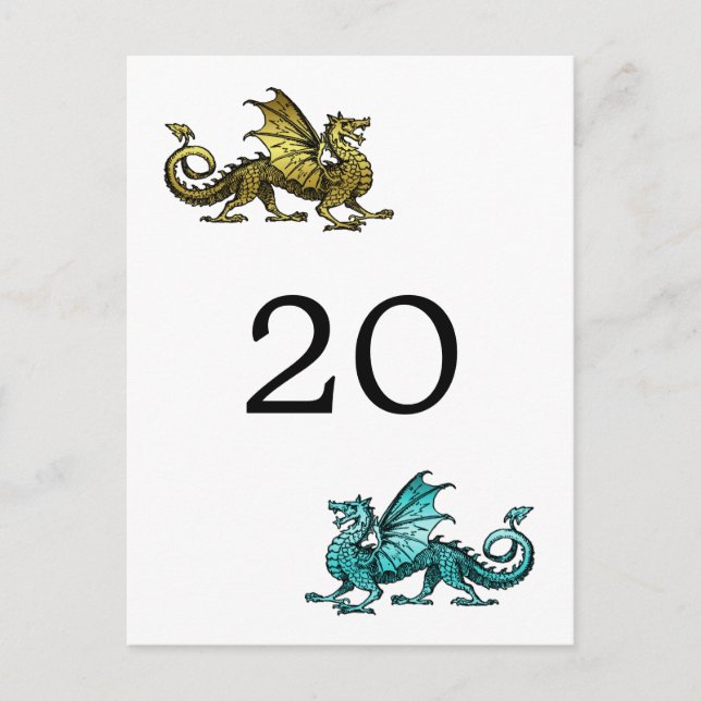Gold Teal Dragon Table Number Postcard (Front)
