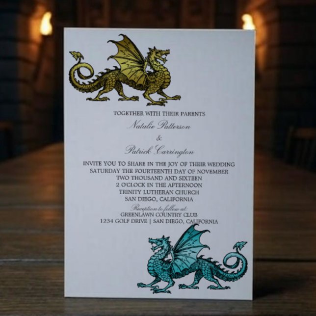 Gold Teal Dragon Wedding Invite (Gold Teal Medieval Dragon Wedding Invite)