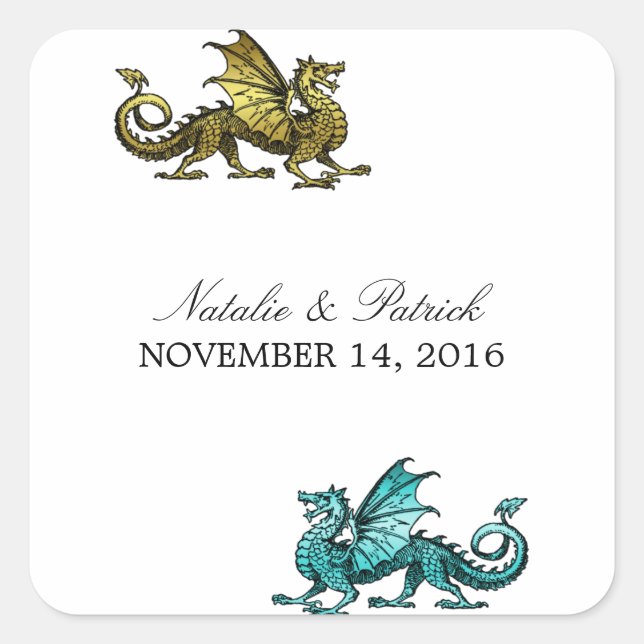 Gold Teal Dragon Wedding Stickers (Front)