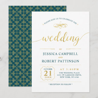 Gold & Teal | Elegant Classic Wedding Ceremony Invitation