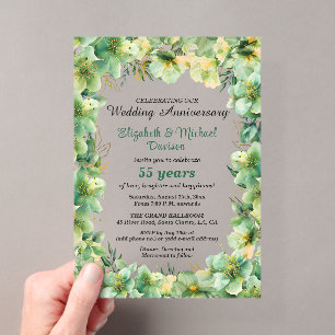 Gold Teal Floral 55th Wedding Anniversary Acrylic Invitations