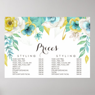 Gold Teal Floral Beautician Menu Price Poster