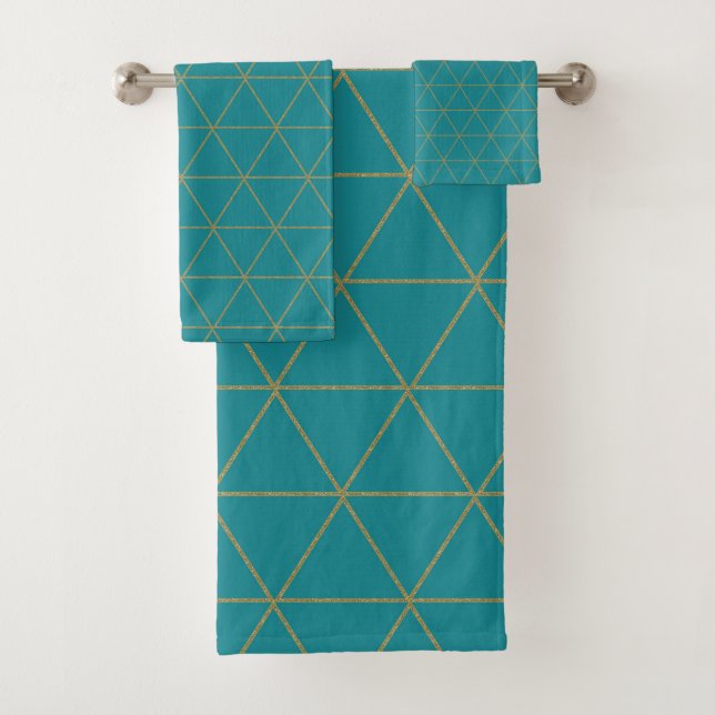 Gold Teal Geometric Triangles Boho Glam Minimal Bath Towel Set (Insitu)