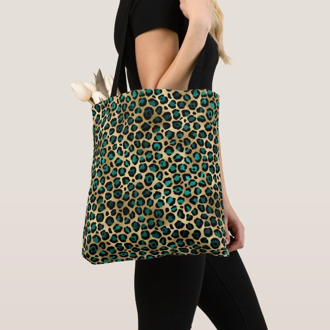 Gold & Teal Glam Leopard Print Tote Bag (Close Up)