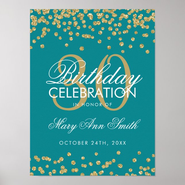 Gold Teal Glitter Confetti 30th Birthday Poster (Front)