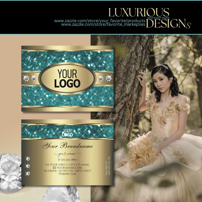 Gold Teal Glitter Luminous Stars Diamonds add Logo Business Card (Creator Uploaded)