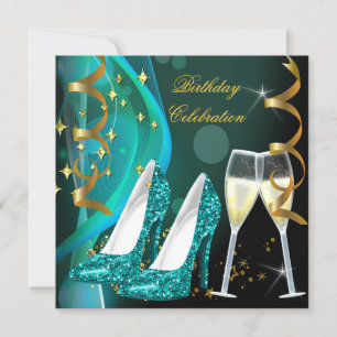 Gold Teal Glitter Shoes Champagne Birthday Party Invitation