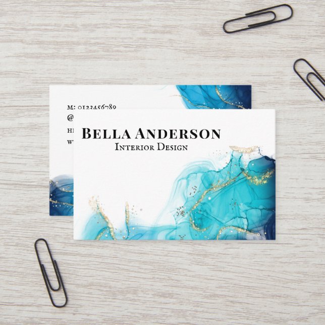 Gold Teal Ink Minimalist Custom QR Code Business Card (Front/Back In Situ)