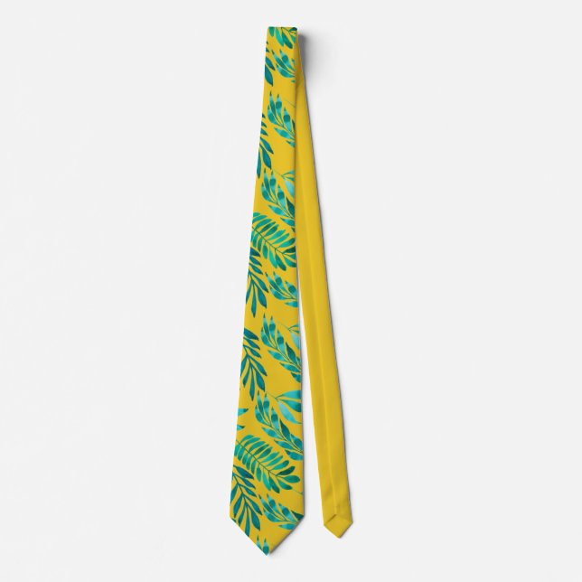 Gold Teal Leaves Foliage Pattern Tie (Front)