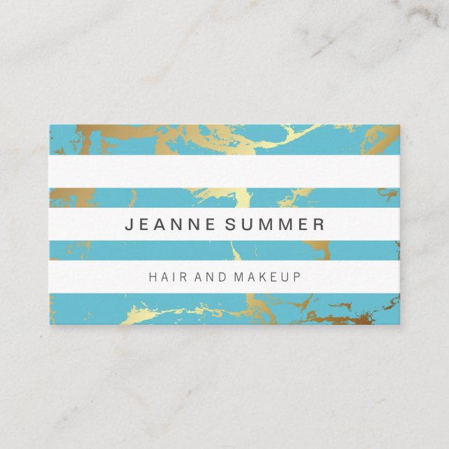 Gold Teal Marble | White Striped Business Card (Front)