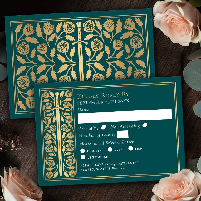 Gold Teal Mediaeval Sword Wedding RSVP Card (Creator Uploaded)