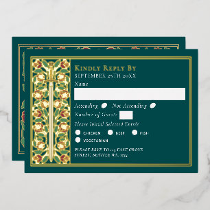 Gold Teal Medieval Floral Sword Wedding RSVP