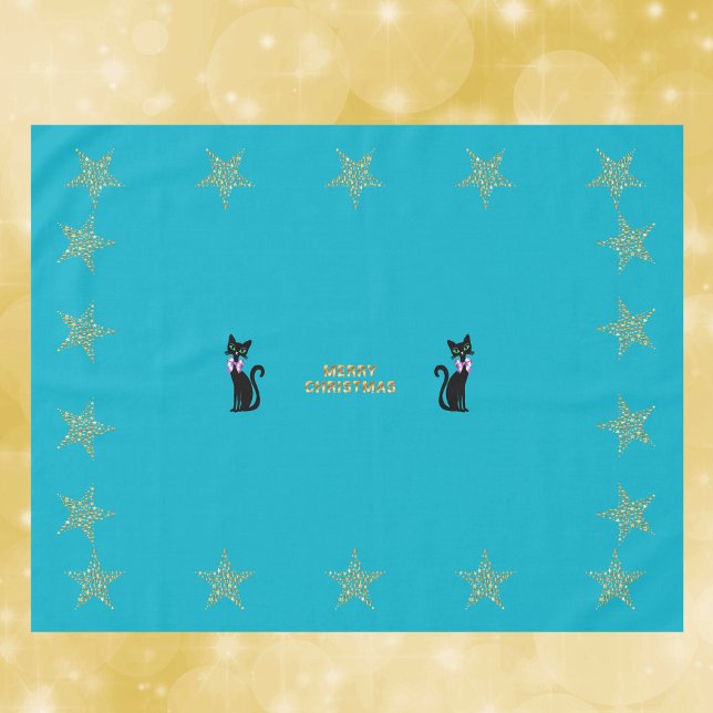 Gold Teal Merry Christmas Cats Stars pink Bows Tablecloth (Merry Christmas black cats in pink bows gold stars on vibrant teal Christmas dinner table cloth.)