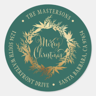 Gold Teal Merry Christmas Wreath Return Address Classic Round Sticker