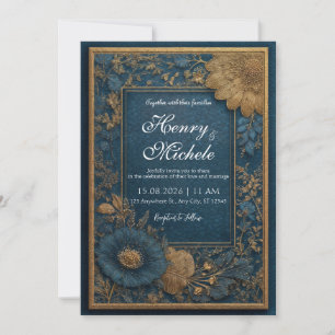 Gold Teal Navy Blue Botanical Textured Wedding Invitation