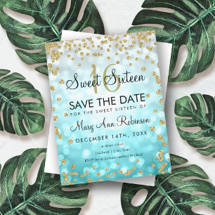 Gold Teal Ombre Sweet 16 Save The Date Glitter Invitation