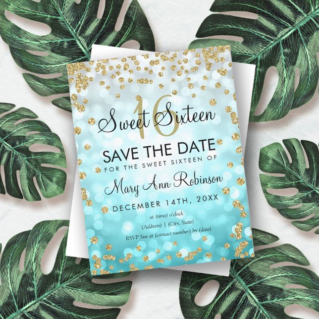 Gold Teal Ombre Sweet 16 Save The Date Glitter Invitation (Creator Uploaded)