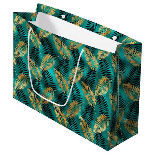 Gold Teal Palm Leaves | Luxe Tropical Pattern Large Gift Bag (Front Angled)