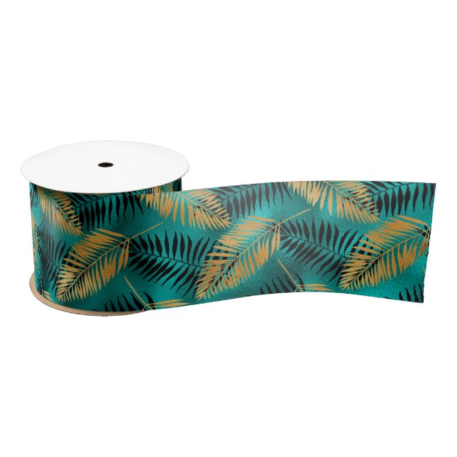 Gold Teal Palm Leaves | Luxe Tropical Pattern Satin Ribbon (Spool)