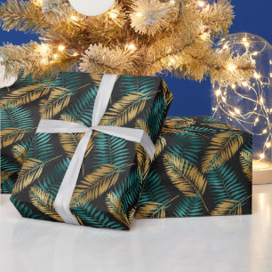 Gold Teal Palm Leaves   Luxe Tropical Pattern Wrapping Paper