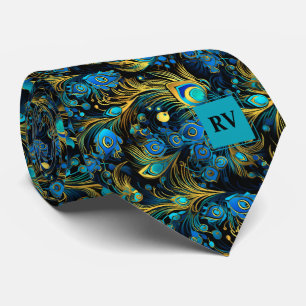 Gold Teal Peacock Feathers Wedding Tie