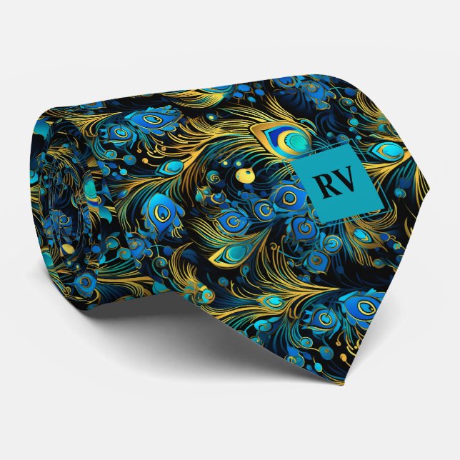 Gold Teal Peacock Feathers Wedding Tie (Rolled)