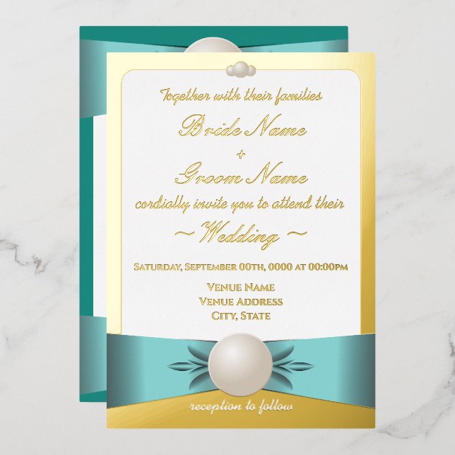 Gold & Teal Pearl Ribbon Wedding Ceremon/Reception (Front/Back)