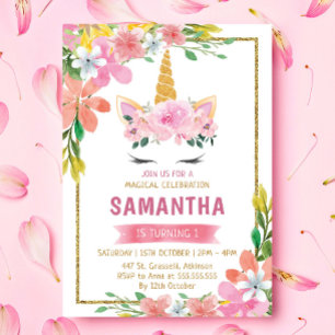 Gold Teal Pink Floral Fame Unicorn Birthday Invitation