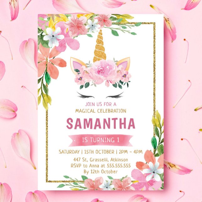 Gold Teal Pink Floral Fame Unicorn Birthday Invitation (Creator Uploaded)