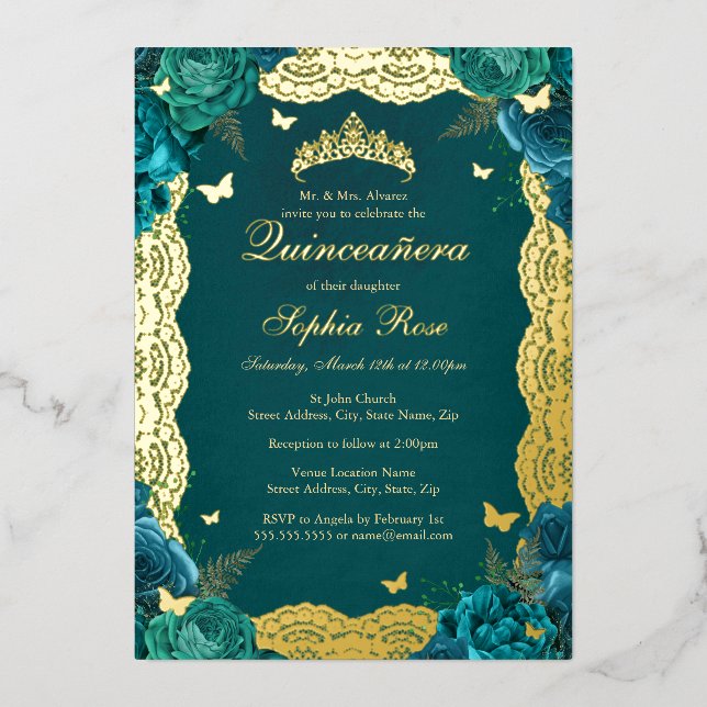 Gold Teal Rose Lace Quinceanera Birthday  (Front)