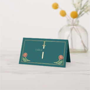 Gold Teal Royal Mediaeval Floral Sword Wedding  Place Card