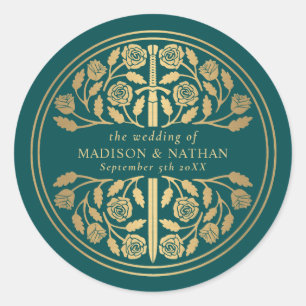 Gold Teal Royal Mediaeval Sword Wedding Classic Round Sticker