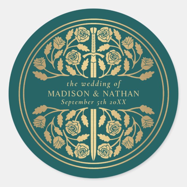 Gold Teal Royal Mediaeval Sword Wedding  Classic Round Sticker (Front)