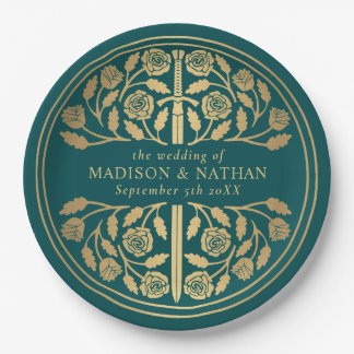 Gold Teal Royal Medieval Sword Wedding  Paper Plate
