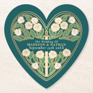 Gold Teal Royal White Floral Sword Wedding Paper Coaster