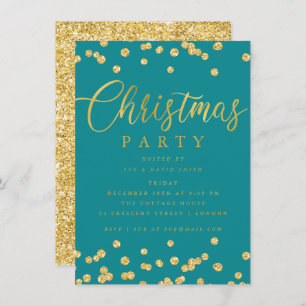 Gold Teal Script Confetti Holiday Christmas Party Invitation