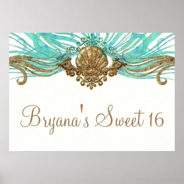 Gold & Teal Sea Shell Glam Beach Banner Poster (Front)