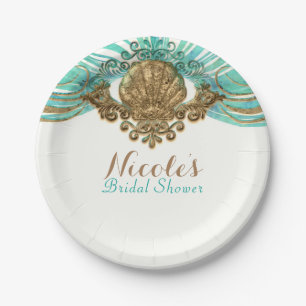 Gold & Teal Sea Shell Glam Beach Party Elegant Paper Plate