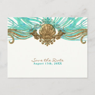 Gold & Teal Sea Shell Glam Beach Save the Date Announcement Postcard